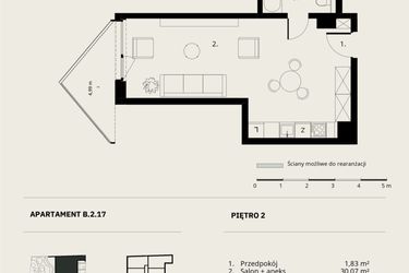 Rzut - Mieszkanie na sprzedaż 1 pokój o powierzchni 36,69 m² - numer B/2/17 w Ogrodowa 12