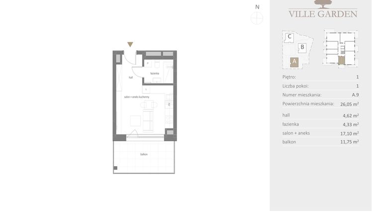 Rzut - Mieszkanie na sprzedaż 1 pokój o powierzchni 26,05 m² - numer A.09 w Ville Garden