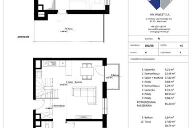 Rzut - Mieszkanie na sprzedaż 4 pokoje o powierzchni 85,2 m² - numer 10C/60 w Jasielska 8C etap II
