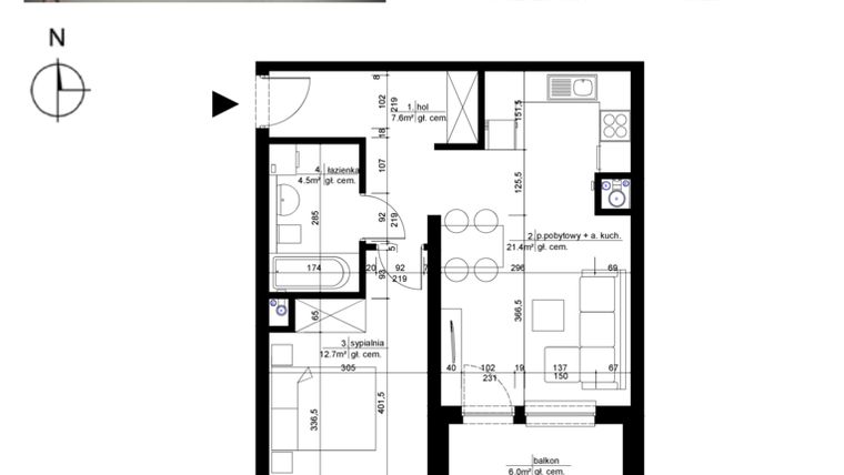Rzut - Mieszkanie na sprzedaż 2 pokoje o powierzchni 46,2 m² - numer 11A.33 w Stróżyńskiego