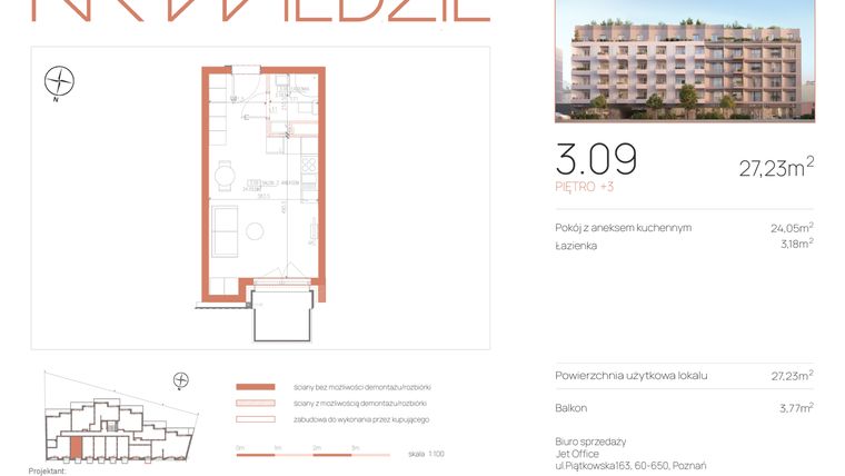 Rzut - Mieszkanie na sprzedaż 1 pokój o powierzchni 27,23 m² - numer 3.09 w Na Wildzie