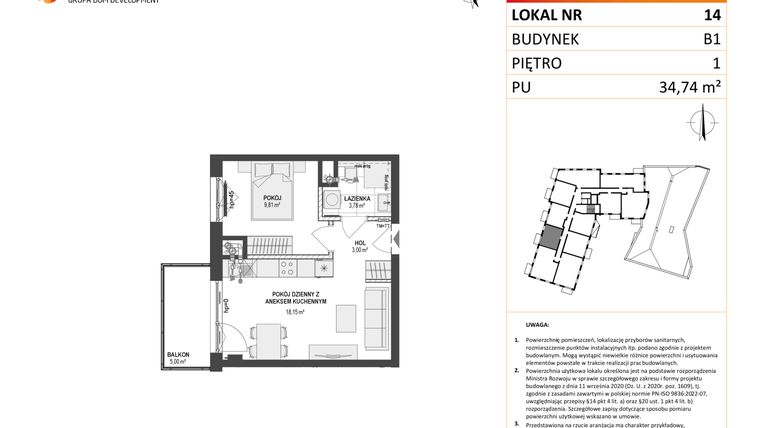 Rzut - Mieszkanie na sprzedaż 2 pokoje o powierzchni 34,74 m² - numer 14 w Leśna Góra