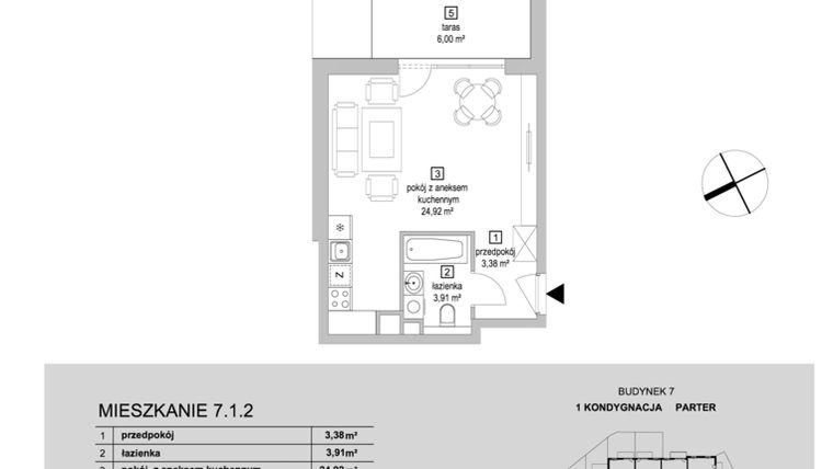 Rzut - Mieszkanie na sprzedaż 1 pokój o powierzchni 32,21 m² - numer 7.1.2 w Osiedle Przyjemne IV