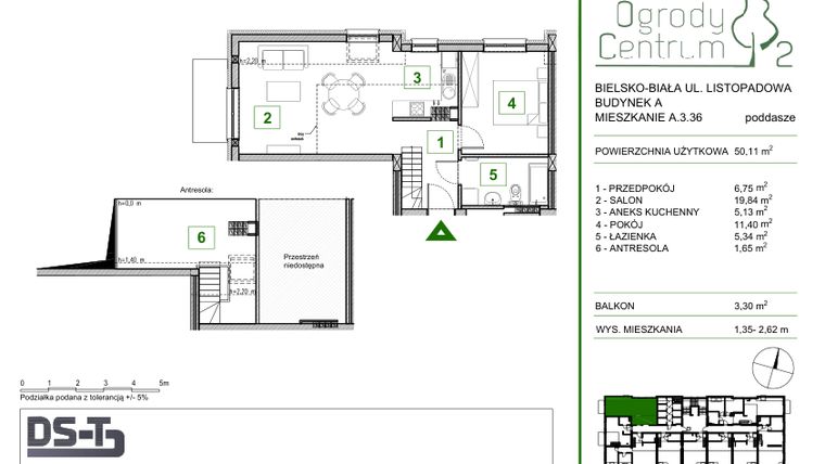 Rzut - Mieszkanie na sprzedaż 2 pokoje o powierzchni 50,11 m² - numer A.3.36 w Ogrody Centrum 2