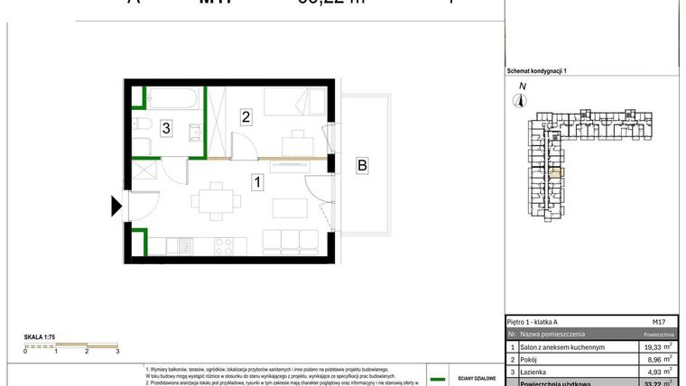 Rzut - Mieszkanie na sprzedaż 2 pokoje o powierzchni 33,22 m² - numer M17 w Zagórskie Tarasy