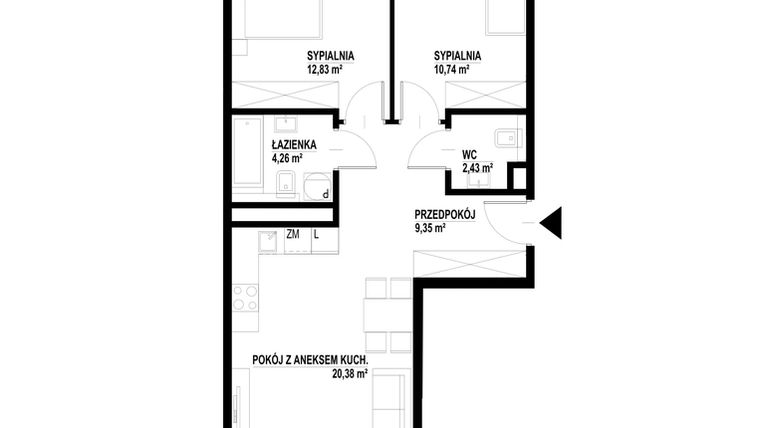 Rzut - Mieszkanie na sprzedaż 3 pokoje o powierzchni 59,99 m² - numer 96 w SASKA BLU