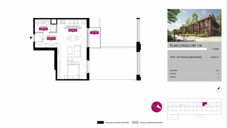 Rzut - Mieszkanie na sprzedaż 1 pokój o powierzchni 44,61 m² - numer G1.118 w Fuzja Mieszkania Loftowe