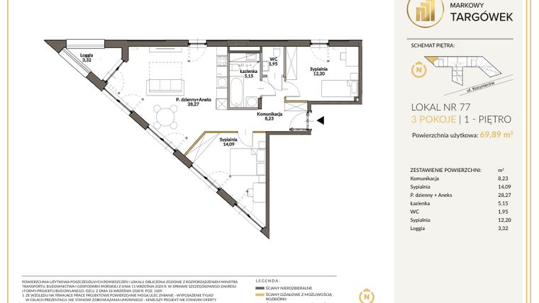 Rzut - Mieszkanie na sprzedaż 3 pokoje o powierzchni 70,11 m² - numer 77 w Markowy Targówek