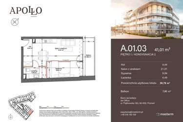 Rzut - Mieszkanie na sprzedaż 2 pokoje o powierzchni 39,78 m² - numer A.1.03 w Apollo Residence