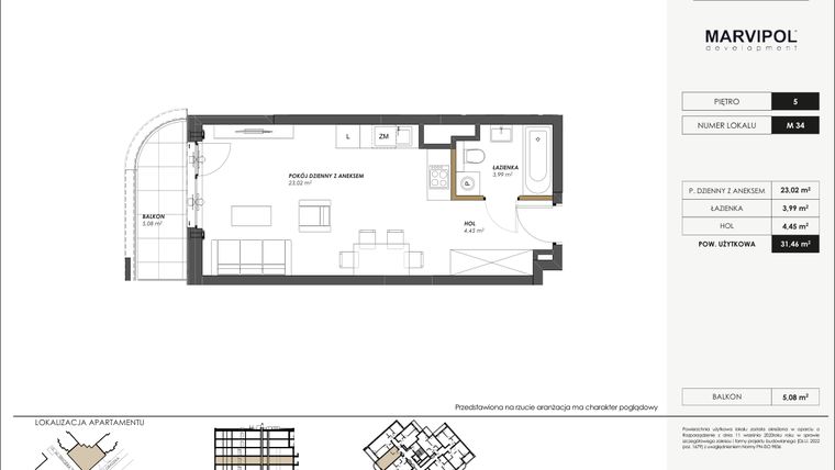 Rzut - Mieszkanie na sprzedaż 1 pokój o powierzchni 31,46 m² - numer M34 w SENGERA 1