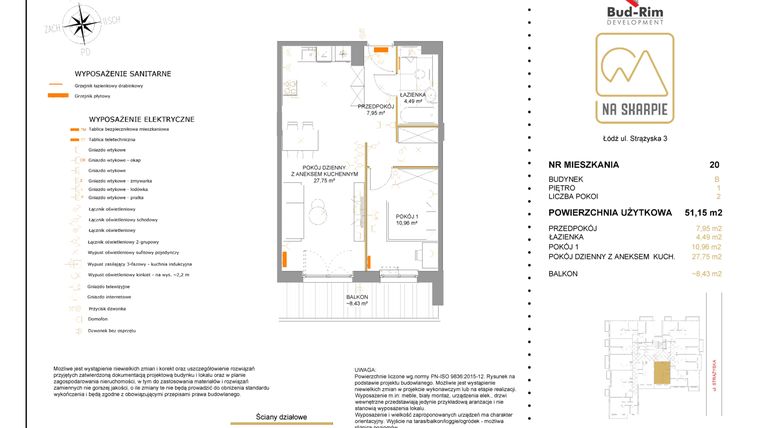 Rzut - Mieszkanie na sprzedaż 2 pokoje o powierzchni 51,15 m² - numer B20 w Na Skarpie bud. B