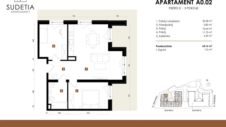 Rzut - Mieszkanie na sprzedaż 3 pokoje o powierzchni 60,16 m² - numer A 0.02 w Apartamenty Sudetia