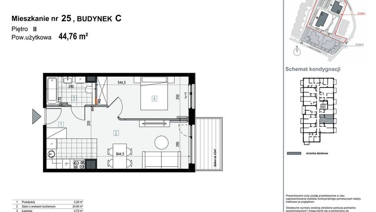 Rzut - Mieszkanie na sprzedaż 2 pokoje o powierzchni 44,76 m² - numer C25 w Apartamenty Kopernika