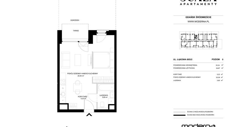 Rzut - Mieszkanie na sprzedaż 1 pokój o powierzchni 35,34 m² - numer G-2 (E) w Scala