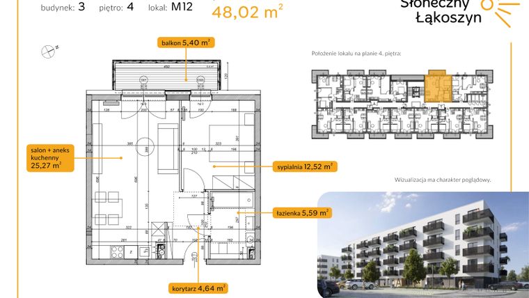Rzut - Mieszkanie na sprzedaż 2 pokoje o powierzchni 48,02 m² - numer 3.4.12 w Osiedle Słoneczny Łąkoszyn