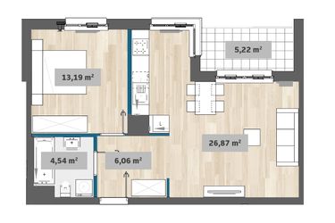 Rzut - Mieszkanie na sprzedaż 2 pokoje o powierzchni 49,53 m² - numer F1.A.03.04 w Sady Żoliborz