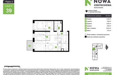 Rzut - Mieszkanie na sprzedaż 3 pokoje o powierzchni 60,84 m² - numer M39 w Nowa Częstochowa Mościckiego