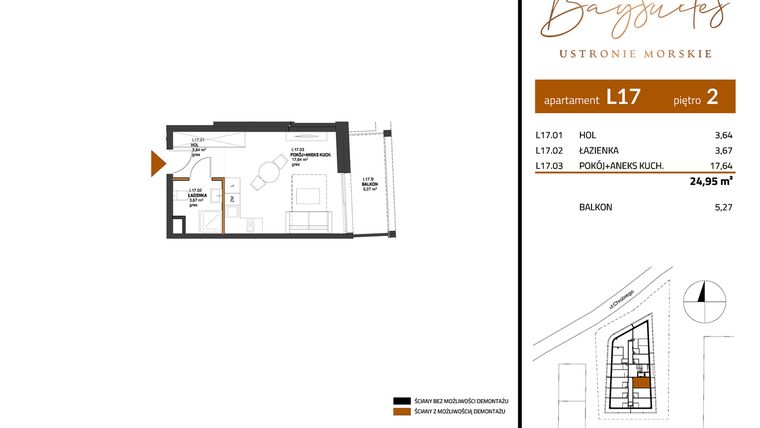 Rzut - Mieszkanie na sprzedaż 1 pokój o powierzchni 24,95 m² - numer AP.2.17 w Baysuites