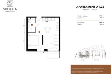 Rzut - Mieszkanie na sprzedaż 1 pokój o powierzchni 32,91 m² - numer A 1.25 w Apartamenty Sudetia