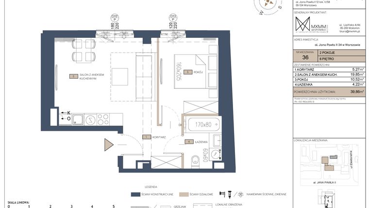 Rzut - Mieszkanie na sprzedaż 2 pokoje o powierzchni 39,86 m² - numer 36 w Apartamenty Jana Pawła 34