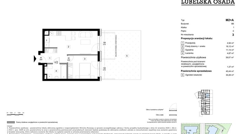 Rzut - Mieszkanie na sprzedaż 2 pokoje o powierzchni 39,07 m² - numer B6.3 w Lubelska Osada budynek B6