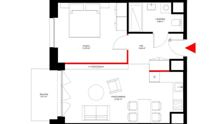 Rzut - Mieszkanie na sprzedaż 2 pokoje o powierzchni 45,97 m² - numer E.6.1 w INSPIRE ETAP IV – bud. E