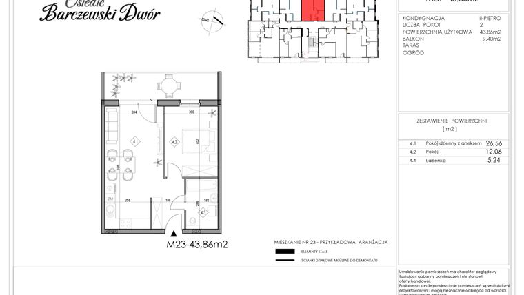 Rzut - Mieszkanie na sprzedaż 2 pokoje o powierzchni 43,86 m² - numer 23 w Osiedle Barczewski Dwór etap II
