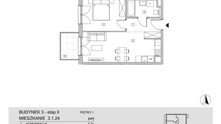 Rzut - Mieszkanie na sprzedaż 2 pokoje o powierzchni 42,74 m² - numer 3.1.24 w ATAL Apollina II