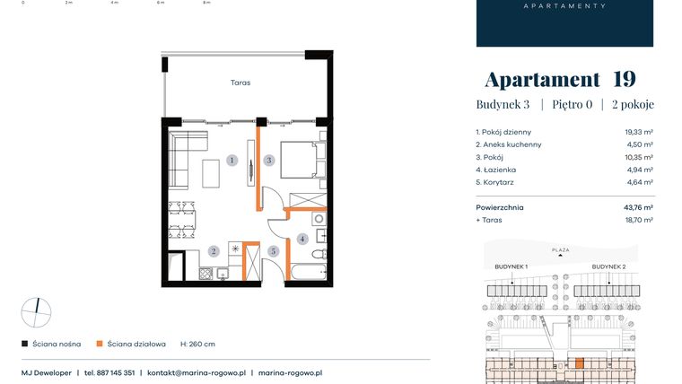 Rzut - Mieszkanie na sprzedaż 2 pokoje o powierzchni 43,76 m² - numer 19 w Apartamenty Marina Rogowo