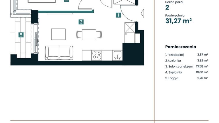 Rzut - Mieszkanie na sprzedaż 1 pokój o powierzchni 31,27 m² - numer M307 w Sea Breeze