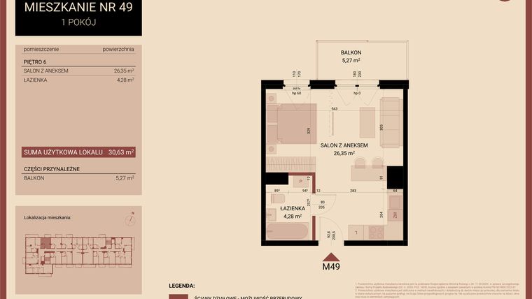 Rzut - Mieszkanie na sprzedaż 1 pokój o powierzchni 30,63 m² - numer 49 w Artepolis