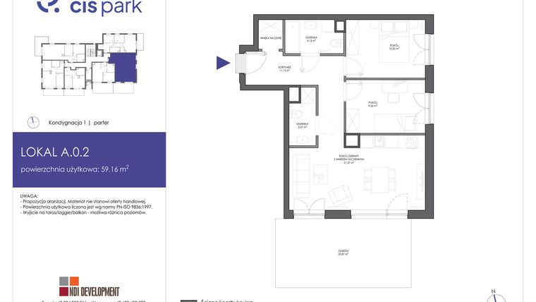 Rzut - Mieszkanie na sprzedaż 3 pokoje o powierzchni 59,16 m² - numer A.0.2 w CIS Park