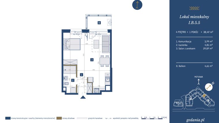 Rzut - Mieszkanie na sprzedaż 1 pokój o powierzchni 38,47 m² - numer I.B.5.5 w GEDANIA Riverside Living