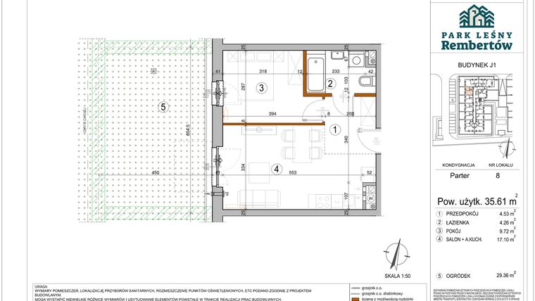 Rzut - Mieszkanie na sprzedaż 2 pokoje o powierzchni 35,61 m² - numer J1-8 w Park Leśny Rembertów etap VIII