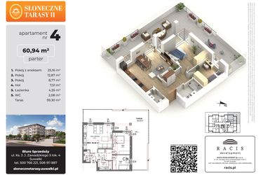 Rzut - Mieszkanie na sprzedaż 3 pokoje o powierzchni 60,94 m² - numer 4 w Słoneczne Tarasy II etap 2
