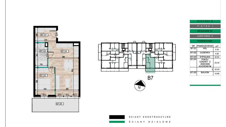 Rzut - Mieszkanie na sprzedaż 2 pokoje o powierzchni 42,5 m² - numer B07 w Lwowska 14