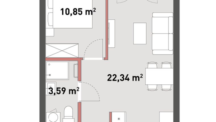 Rzut - Mieszkanie na sprzedaż 2 pokoje o powierzchni 40,8 m² - numer A.04.12 w Żelazna 54