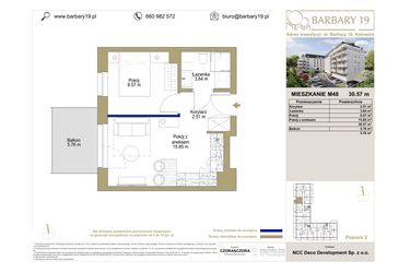 Rzut - Mieszkanie na sprzedaż 2 pokoje o powierzchni 30,57 m² - numer M48 w Barbary 19