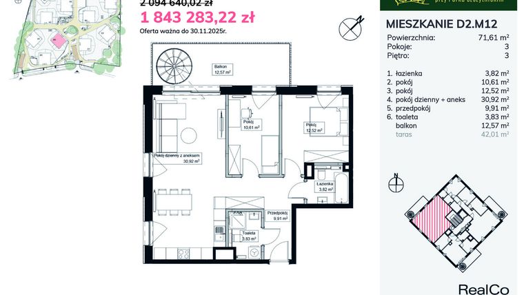Rzut - Mieszkanie na sprzedaż 3 pokoje o powierzchni 71,61 m² - numer D2.M12 w Apartamenty przy Parku Szczytnickim