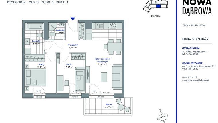 Rzut - Mieszkanie na sprzedaż 3 pokoje o powierzchni 59,89 m² - numer A.5.5 w Nowa Dąbrowa
