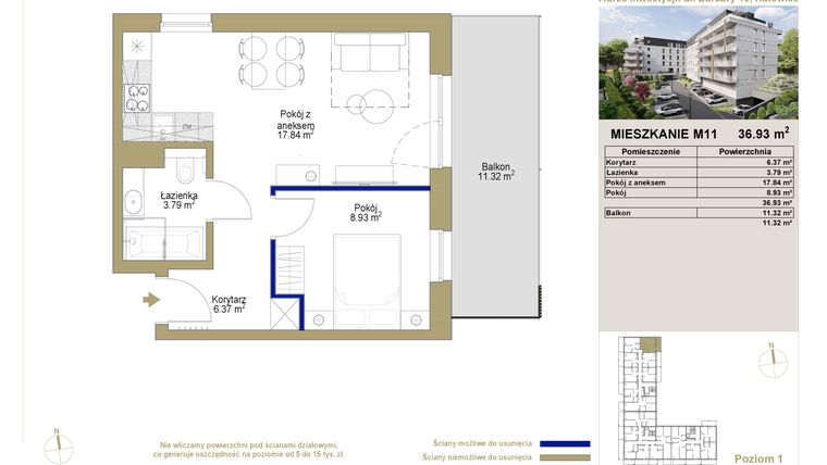 Rzut - Mieszkanie na sprzedaż 2 pokoje o powierzchni 36,93 m² - numer 11 w Barbary 19