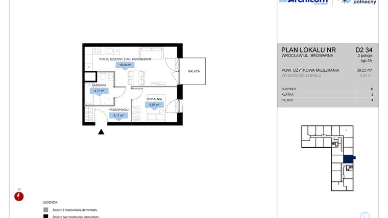 Rzut - Mieszkanie na sprzedaż 2 pokoje o powierzchni 38,23 m² - numer D2.34 w Bulwar Północny