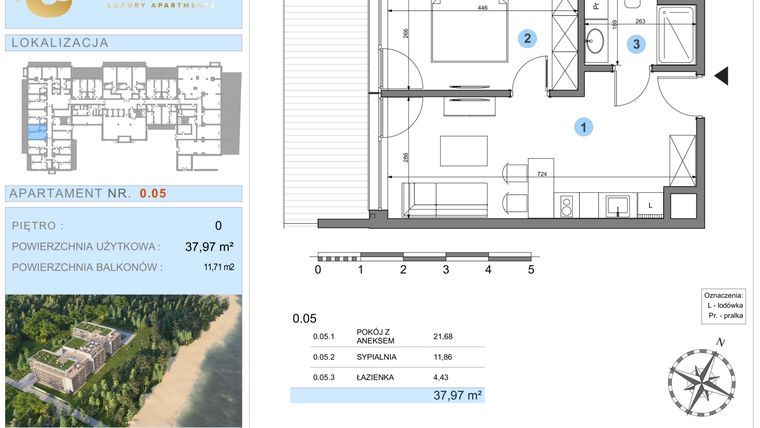 Rzut - Mieszkanie na sprzedaż 1 pokój o powierzchni 37,97 m² - numer 0.5 w Ustronie Luxury Apartments