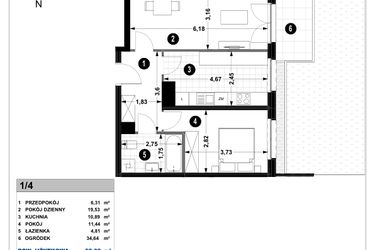 Rzut - Mieszkanie na sprzedaż 2 pokoje o powierzchni 52,98 m² - numer 3A.1/4 w Nowa Winnica