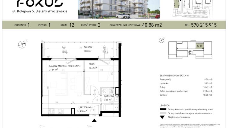 Rzut - Mieszkanie na sprzedaż 2 pokoje o powierzchni 40,88 m² - numer B1-12 w Fokus Bielany