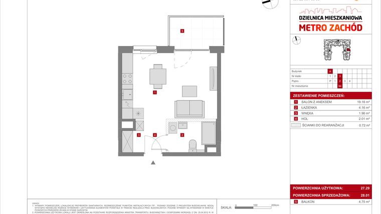 Rzut - Mieszkanie na sprzedaż 1 pokój o powierzchni 28,01 m² - numer A.94 w Dzielnica Mieszkaniowa Metro Zachód - etap 8.1