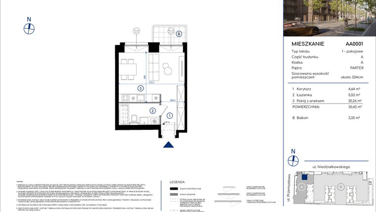 Rzut - Mieszkanie na sprzedaż 1 pokój o powierzchni 30,42 m² - numer AA0001 w Niedziałkowskiego Park