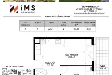 Rzut - Mieszkanie na sprzedaż 2 pokoje o powierzchni 35,06 m² - numer 1 w Krakowskie Tarasy etap V