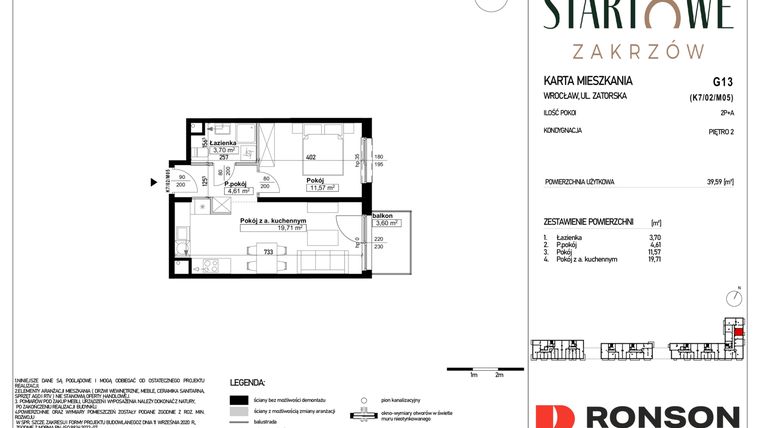 Rzut - Mieszkanie na sprzedaż 2 pokoje o powierzchni 39,59 m² - numer G13 w Osiedle Startowe