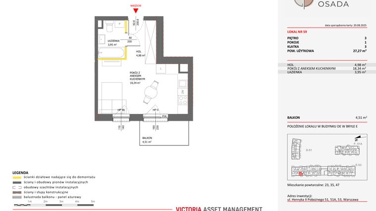 Rzut - Mieszkanie na sprzedaż 1 pokój o powierzchni 27,27 m² - numer E.59 w Piastova Osada